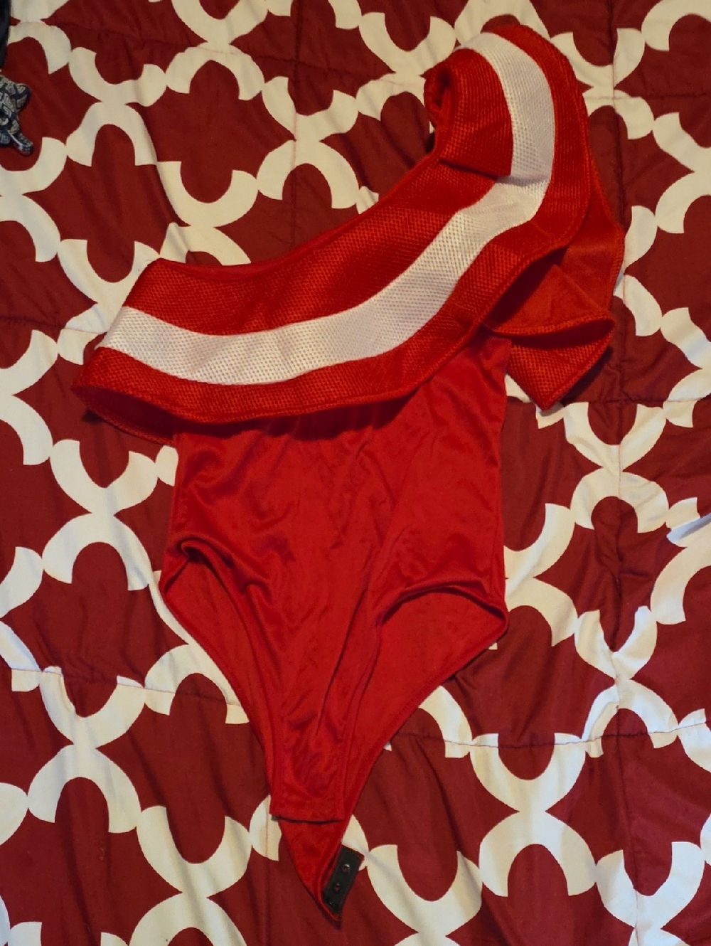 Red One-Shoulder Ruffle Bodysuit with White Stripe
